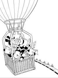 Donaldkacsa, Dagobert bácsi, Tiki, Niki és Viki a hőlégballon kosarában