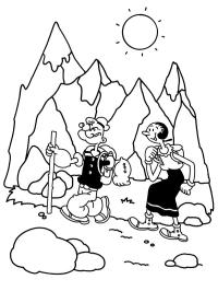 Popeye és Olive a hegyekben sétálnak