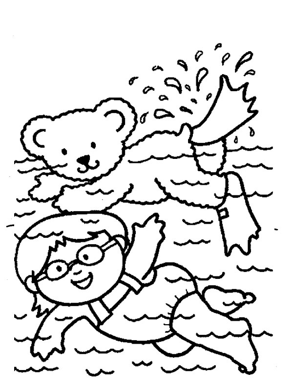 Kislány és maci úszik a tengerben Kifestő