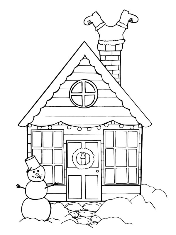 Házikó hóemberrel és mikuláslábbal Kifestő