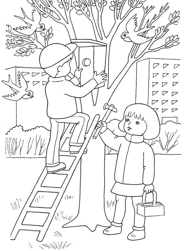 Madáretetőt fára tesz a kisfiú és a kislány Kifestő